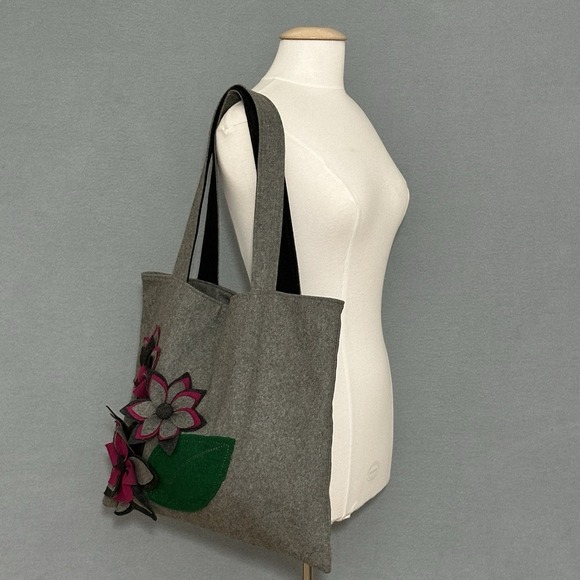 Boho Hippie Teacher Gray Flannel Floral Cut Applique Tote Bag Double Strap‎ - Picture 6 of 13